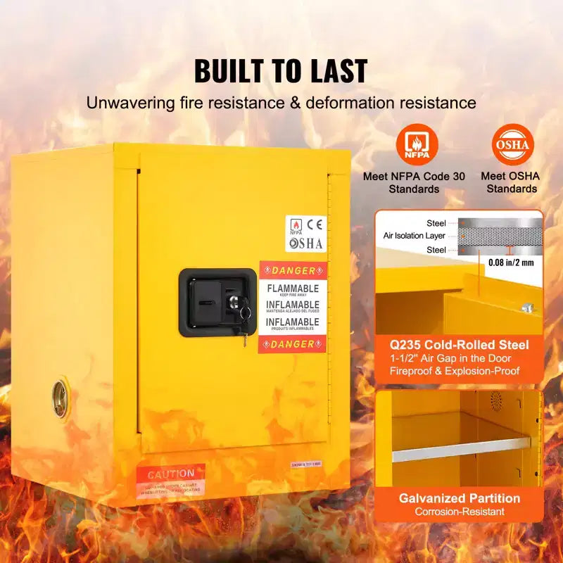 Armoire de sécurité pour produits inflammables, 12 gal, Armoire de stockage de liquides inflammables en acier laminé à froid, 16,9 x 16,9 x 22 po Antidéflagrante, Jaune