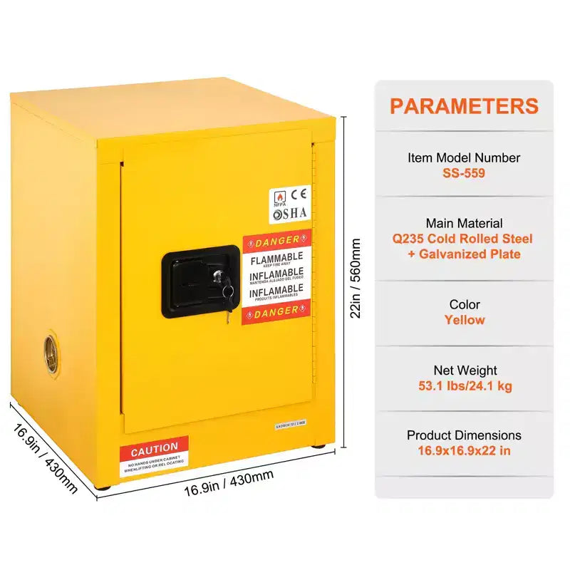 Armoire de sécurité pour produits inflammables, 12 gal, Armoire de stockage de liquides inflammables en acier laminé à froid, 16,9 x 16,9 x 22 po Antidéflagrante, Jaune