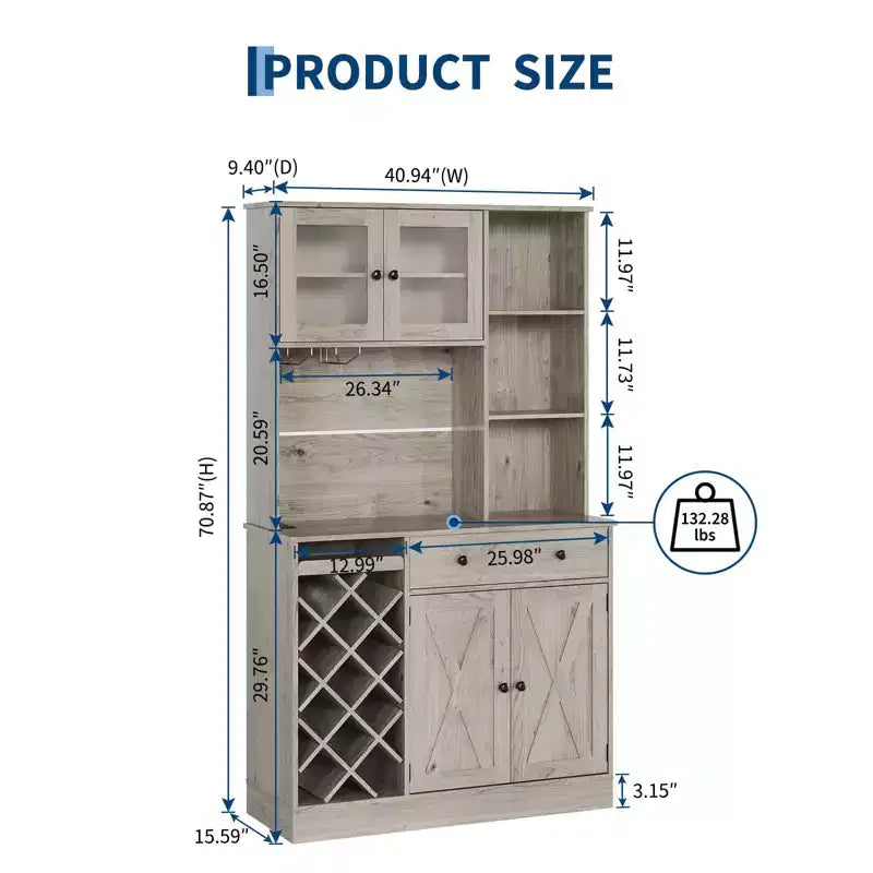 Meuble de rangement pour cuisine avec buffet, dessus blanc et noyer clair, portes doubles en acrylique, organisateur de garde-manger pour salle à manger et rangement de cuisine