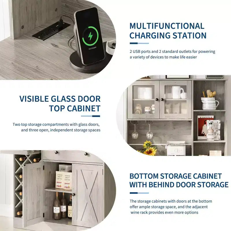 Meuble de rangement pour cuisine avec buffet, dessus blanc et noyer clair, portes doubles en acrylique, organisateur de garde-manger pour salle à manger et rangement de cuisine