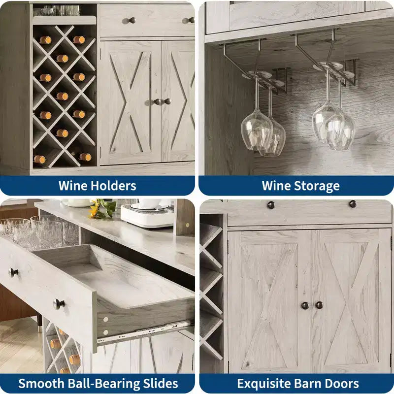 Meuble de rangement pour cuisine avec buffet, dessus blanc et noyer clair, portes doubles en acrylique, organisateur de garde-manger pour salle à manger et rangement de cuisine