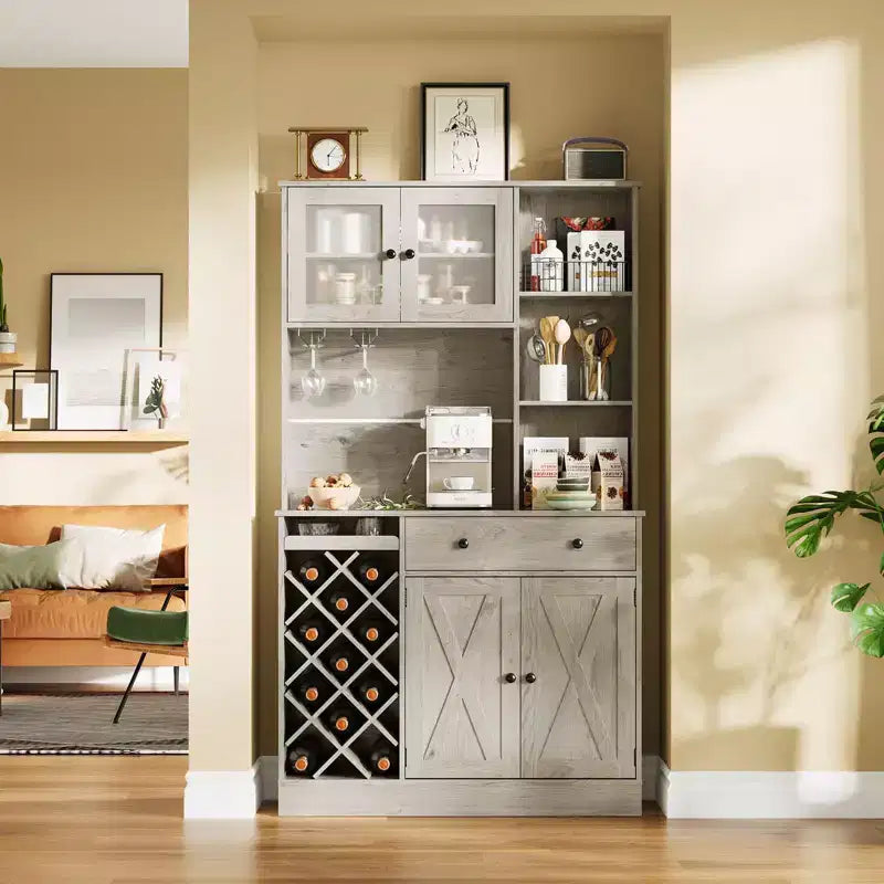 Meuble de rangement pour cuisine avec buffet, dessus blanc et noyer clair, portes doubles en acrylique, organisateur de garde-manger pour salle à manger et rangement de cuisine