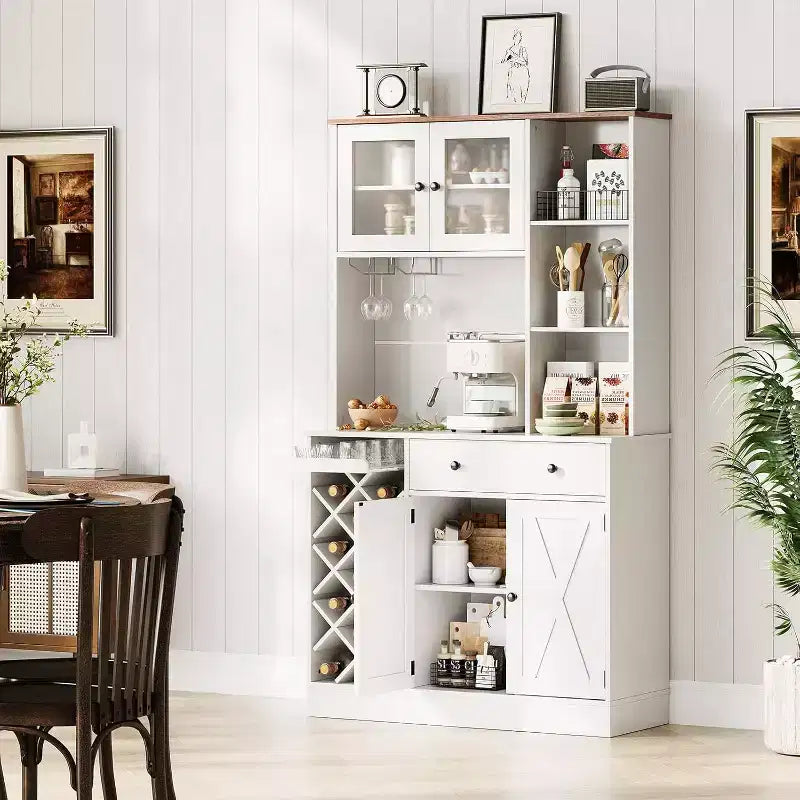 Meuble de rangement pour cuisine avec buffet, dessus blanc et noyer clair, portes doubles en acrylique, organisateur de garde-manger pour salle à manger et rangement de cuisine