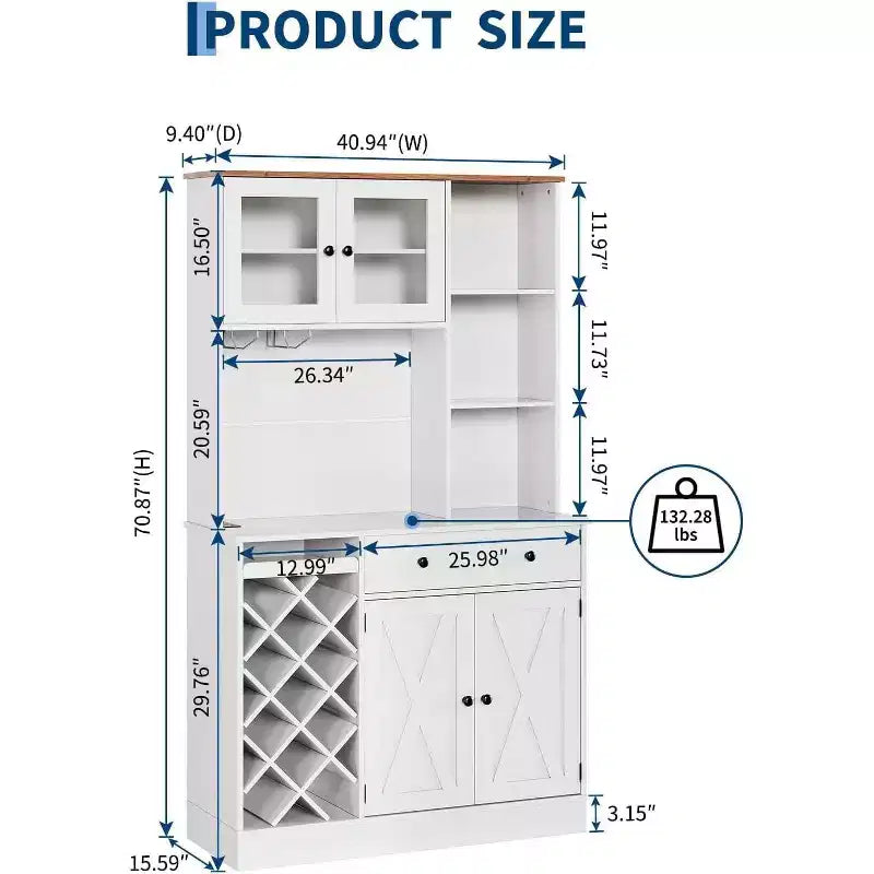 Meuble de rangement pour cuisine avec buffet, dessus blanc et noyer clair, portes doubles en acrylique, organisateur de garde-manger pour salle à manger et rangement de cuisine