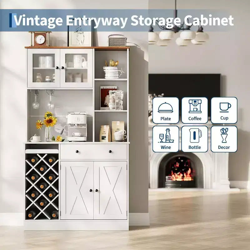 Meuble de rangement pour cuisine avec buffet, dessus blanc et noyer clair, portes doubles en acrylique, organisateur de garde-manger pour salle à manger et rangement de cuisine