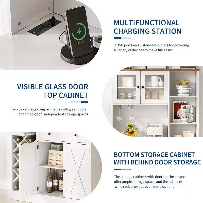 Meuble de rangement pour cuisine avec buffet, dessus blanc et noyer clair, portes doubles en acrylique, organisateur de garde-manger pour salle à manger et rangement de cuisine