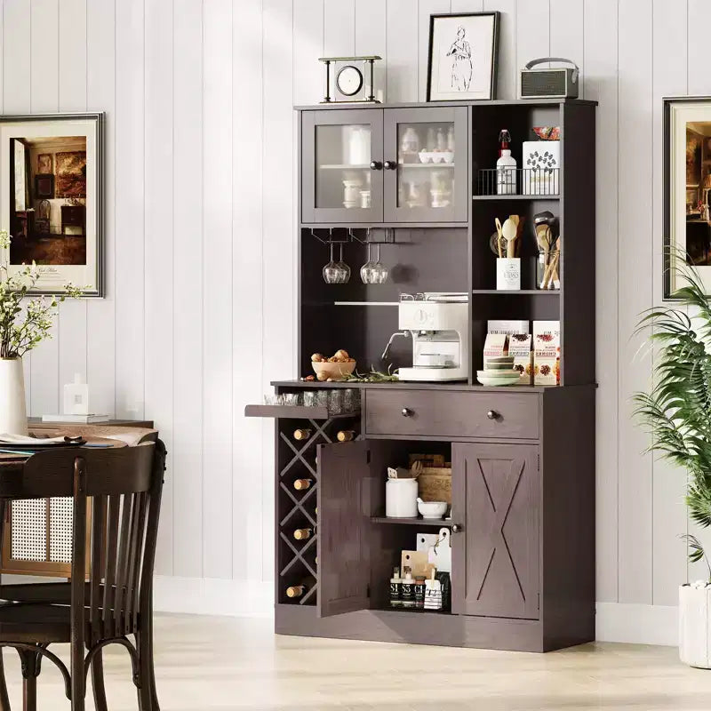 Meuble de rangement pour cuisine avec buffet, dessus blanc et noyer clair, portes doubles en acrylique, organisateur de garde-manger pour salle à manger et rangement de cuisine