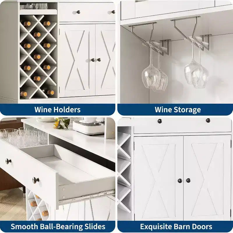 Meuble de rangement pour cuisine avec buffet, dessus blanc et noyer clair, portes doubles en acrylique, organisateur de garde-manger pour salle à manger et rangement de cuisine