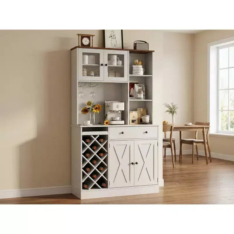 Meuble de rangement pour cuisine avec buffet, dessus blanc et noyer clair, portes doubles en acrylique, organisateur de garde-manger pour salle à manger et rangement de cuisine