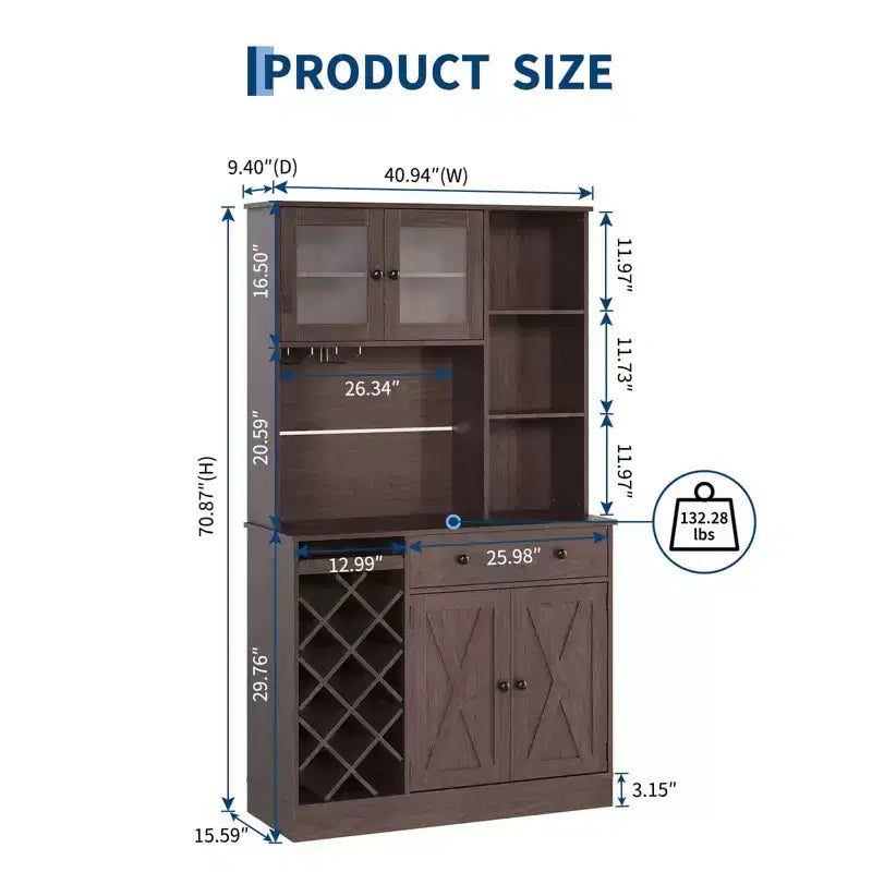 Meuble de rangement pour cuisine avec buffet, dessus blanc et noyer clair, portes doubles en acrylique, organisateur de garde-manger pour salle à manger et rangement de cuisine