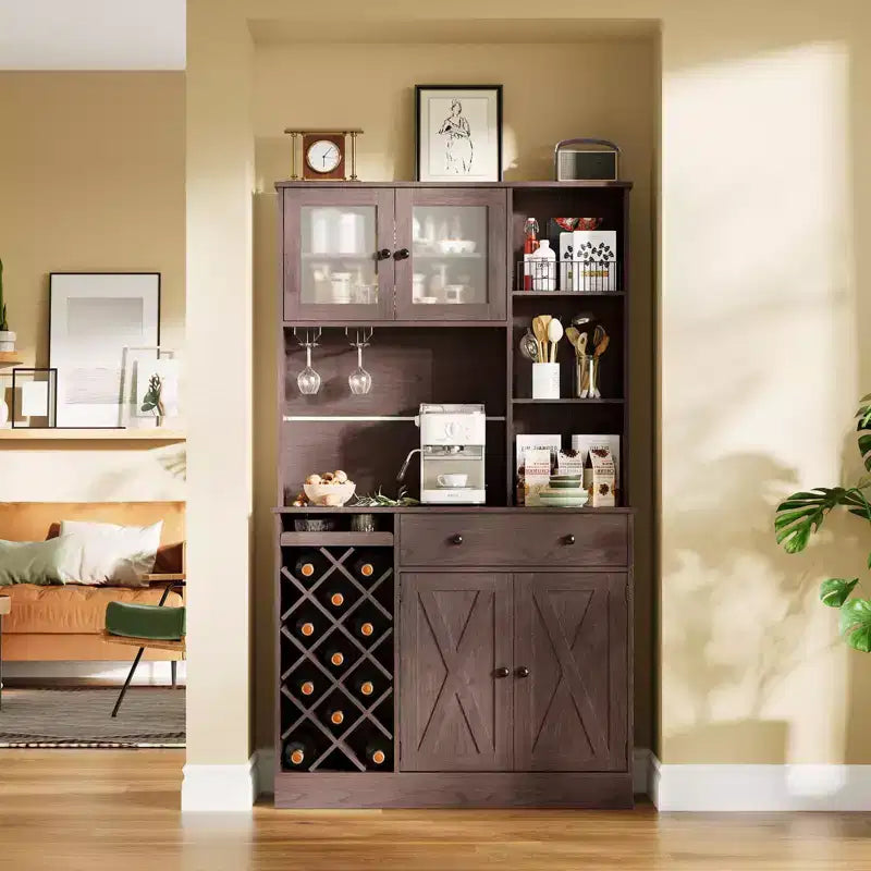 Meuble de rangement pour cuisine avec buffet, dessus blanc et noyer clair, portes doubles en acrylique, organisateur de garde-manger pour salle à manger et rangement de cuisine