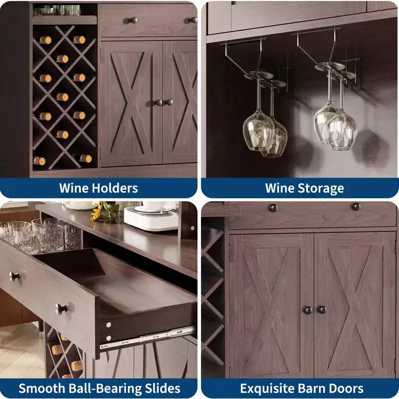 Meuble de rangement pour cuisine avec buffet, dessus blanc et noyer clair, portes doubles en acrylique, organisateur de garde-manger pour salle à manger et rangement de cuisine