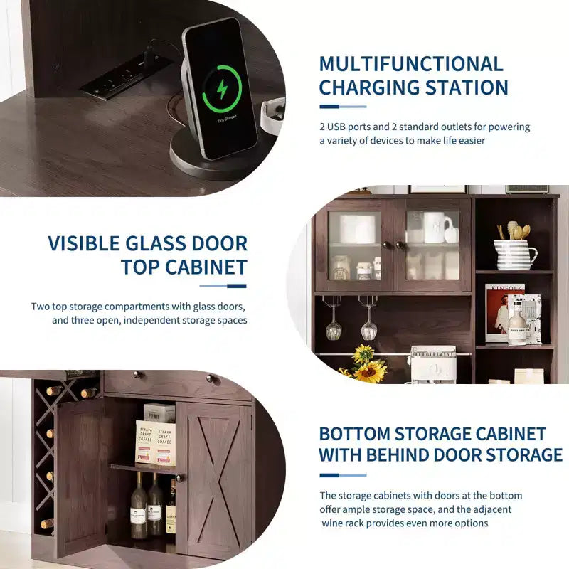 Meuble de rangement pour cuisine avec buffet, dessus blanc et noyer clair, portes doubles en acrylique, organisateur de garde-manger pour salle à manger et rangement de cuisine