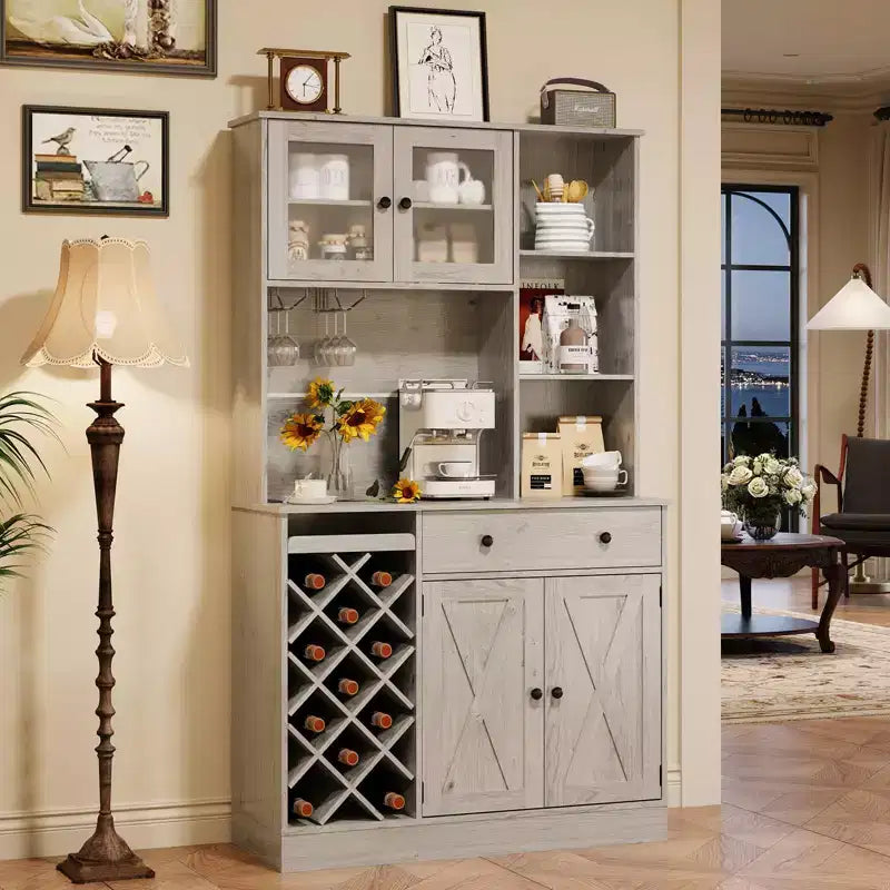 Meuble de rangement pour cuisine avec buffet, dessus blanc et noyer clair, portes doubles en acrylique, organisateur de garde-manger pour salle à manger et rangement de cuisine
