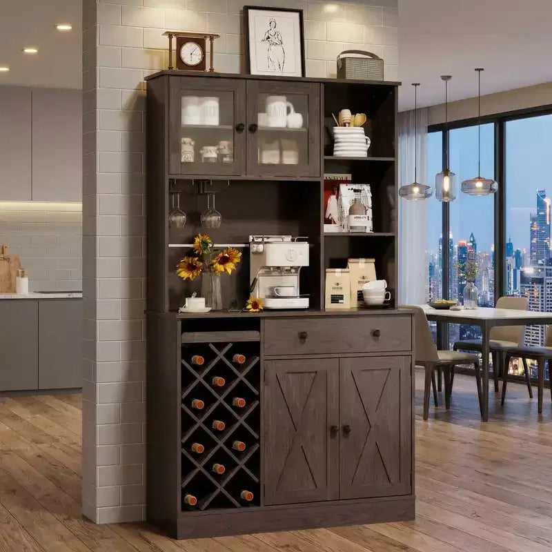 Kitchen Hutch Cabinet with Storage, White & Light Walnut Top, Acrylic Double Doors, Pantry Organizer for Dining Room & Kitchen Storage