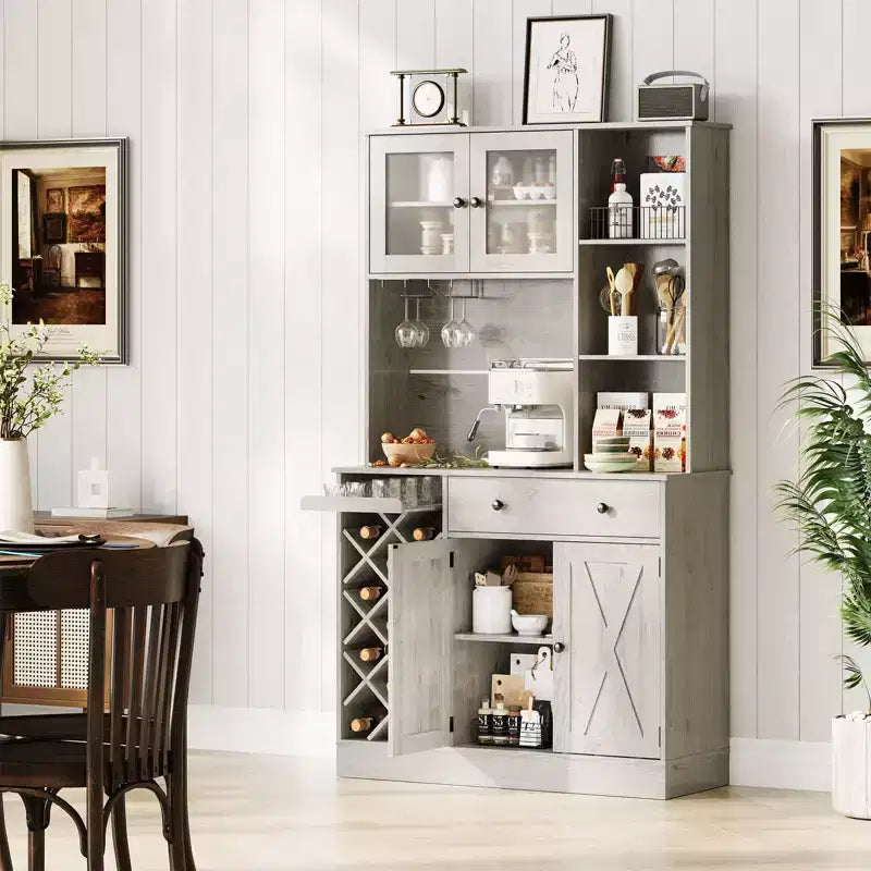 Meuble de rangement pour cuisine avec buffet, dessus blanc et noyer clair, portes doubles en acrylique, organisateur de garde-manger pour salle à manger et rangement de cuisine