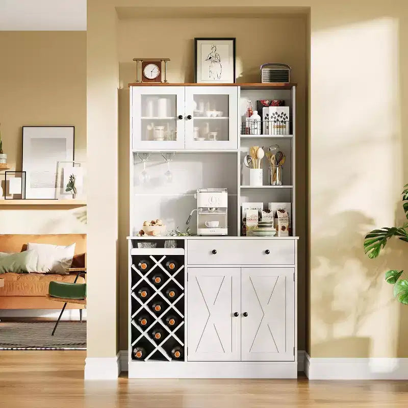 Meuble de rangement pour cuisine avec buffet, dessus blanc et noyer clair, portes doubles en acrylique, organisateur de garde-manger pour salle à manger et rangement de cuisine