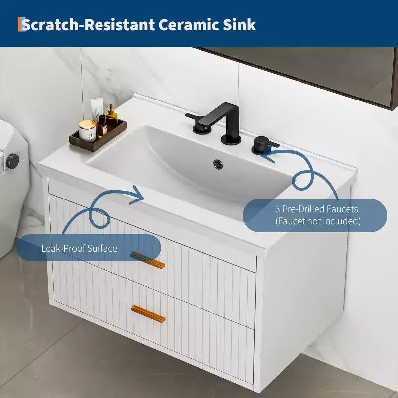 Meuble-lavabo de salle de bain mural flottant de 60 cm avec lavabo intégré, 2 tiroirs et placard de rangement pour salle de bain