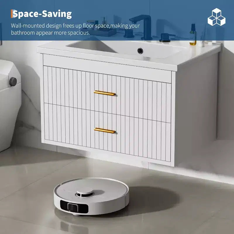 Meuble-lavabo de salle de bain mural flottant de 60 cm avec lavabo intégré, 2 tiroirs et placard de rangement pour salle de bain