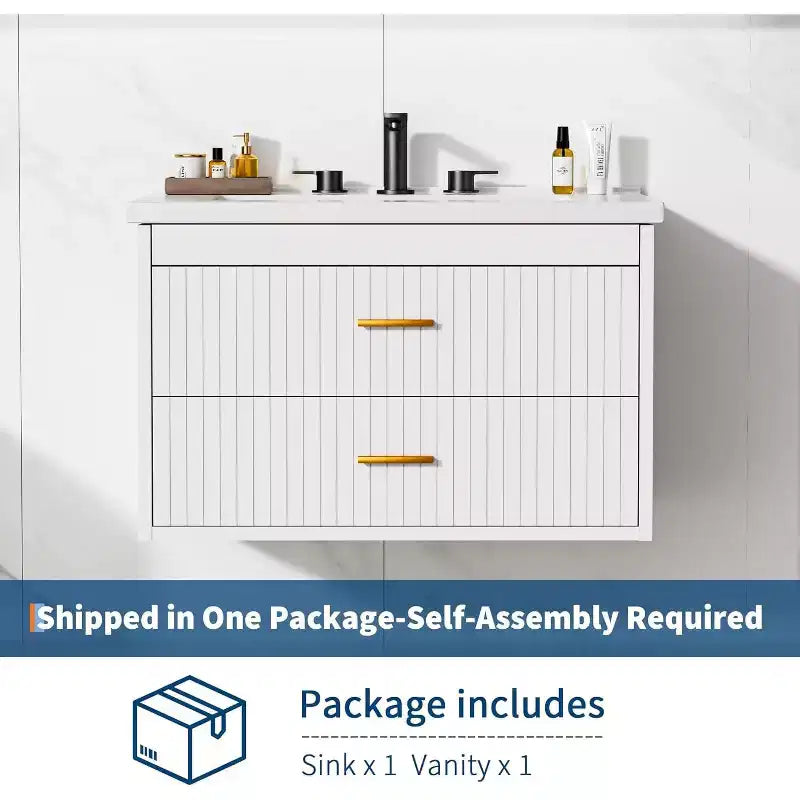 Meuble-lavabo de salle de bain mural flottant de 60 cm avec lavabo intégré, 2 tiroirs et placard de rangement pour salle de bain