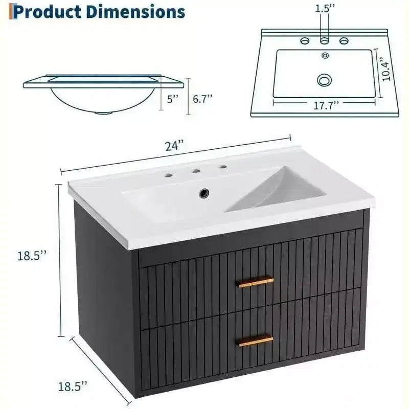 Meuble-lavabo de salle de bain mural flottant de 60 cm avec lavabo intégré, 2 tiroirs et placard de rangement pour salle de bain