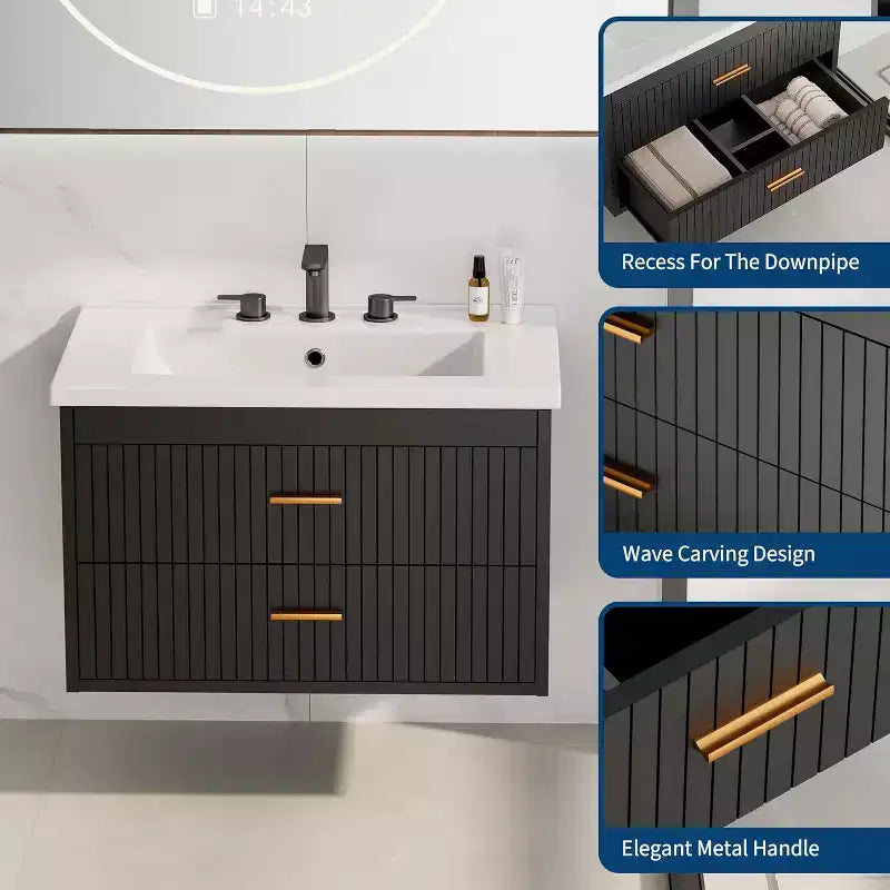 Meuble-lavabo de salle de bain mural flottant de 60 cm avec lavabo intégré, 2 tiroirs et placard de rangement pour salle de bain