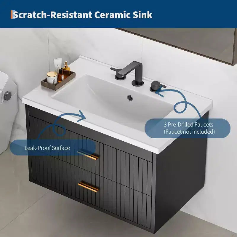 Meuble-lavabo de salle de bain mural flottant de 60 cm avec lavabo intégré, 2 tiroirs et placard de rangement pour salle de bain