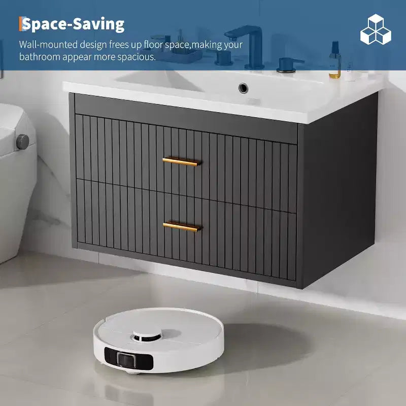 Meuble-lavabo de salle de bain mural flottant de 60 cm avec lavabo intégré, 2 tiroirs et placard de rangement pour salle de bain