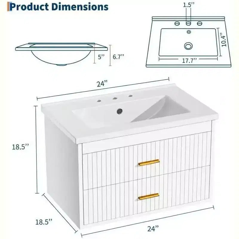 Meuble-lavabo de salle de bain mural flottant de 60 cm avec lavabo intégré, 2 tiroirs et placard de rangement pour salle de bain