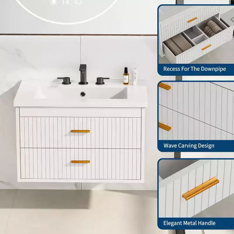 Meuble-lavabo de salle de bain mural flottant de 60 cm avec lavabo intégré, 2 tiroirs et placard de rangement pour salle de bain