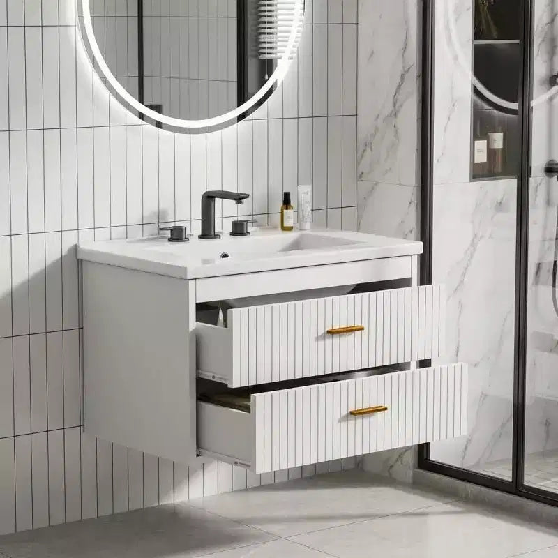 Meuble-lavabo de salle de bain mural flottant de 60 cm avec lavabo intégré, 2 tiroirs et placard de rangement pour salle de bain