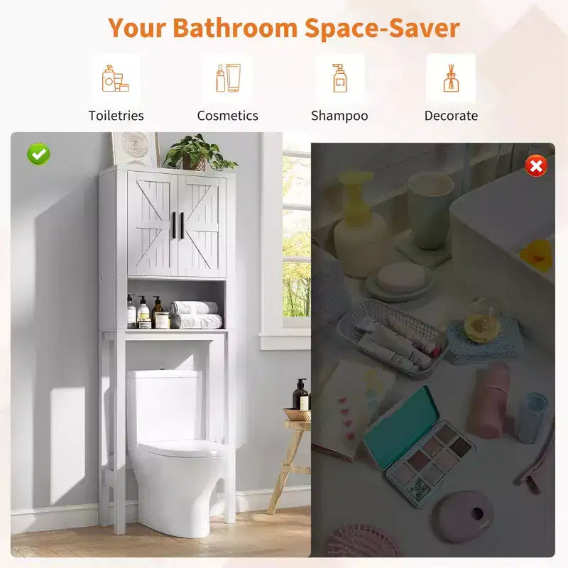 Meuble de rangement sur pied au-dessus des toilettes 2 portes style grange Porte-papier toilette Étagère de salle de bain peu encombrante avec portes