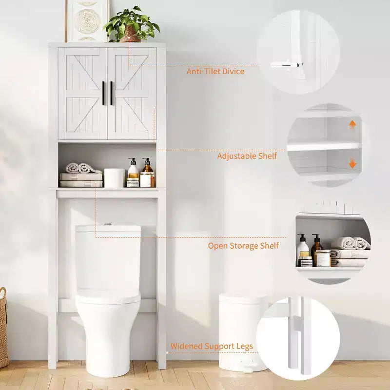Meuble de rangement sur pied au-dessus des toilettes 2 portes style grange Porte-papier toilette Étagère de salle de bain peu encombrante avec portes
