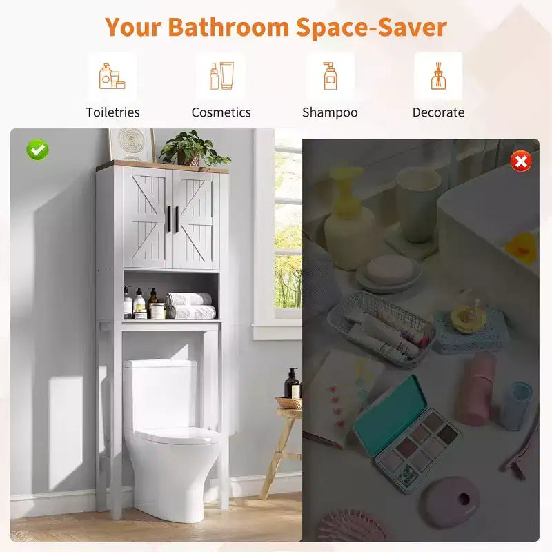 Meuble de rangement sur pied au-dessus des toilettes 2 portes style grange Porte-papier toilette Étagère de salle de bain peu encombrante avec portes