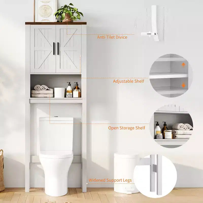 Meuble de rangement sur pied au-dessus des toilettes 2 portes style grange Porte-papier toilette Étagère de salle de bain peu encombrante avec portes