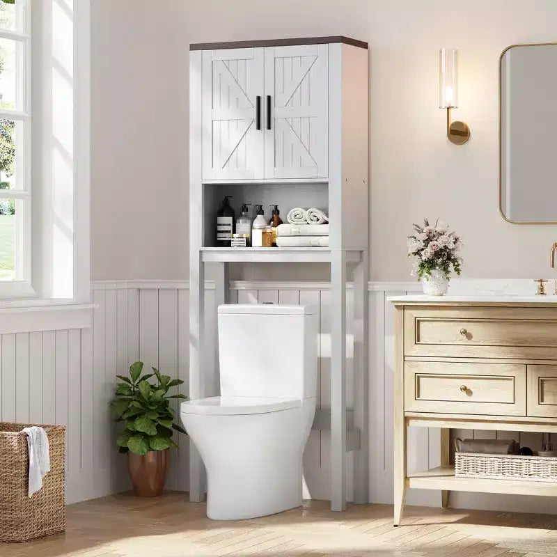 Freestanding Over the Toilet Storage Cabinet 2 Barn Doors Toilet Paper Holder Space-Saving Bathroom Organizer Shelf with Doors Shelve