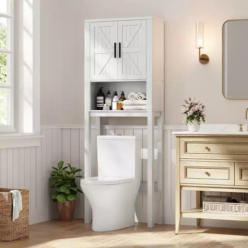 Meuble de rangement sur pied au-dessus des toilettes 2 portes style grange Porte-papier toilette Étagère de salle de bain peu encombrante avec portes