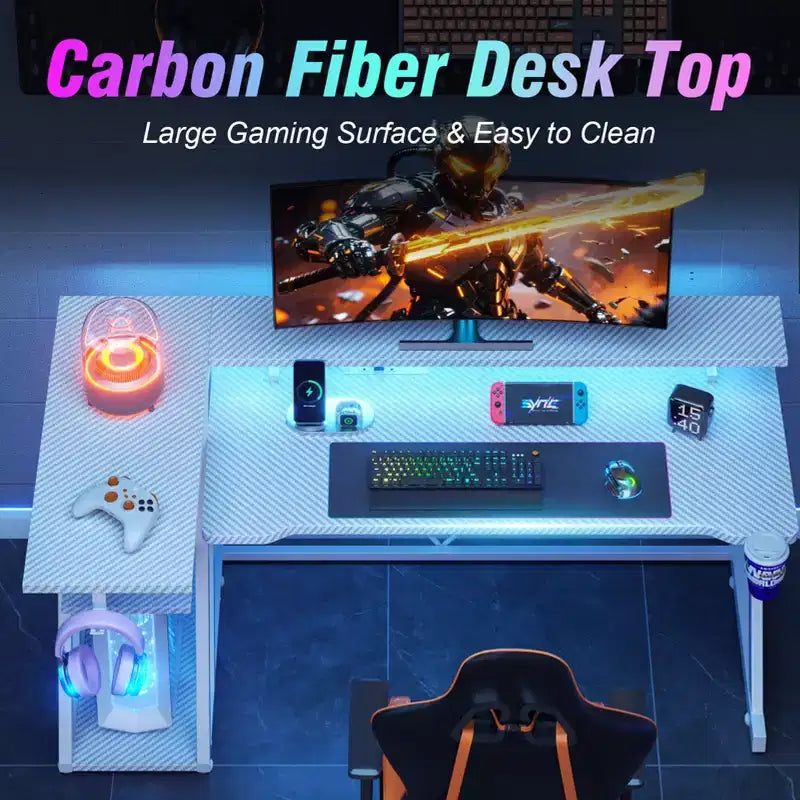 Bureau d'angle en L de 140 cm, blanc, pour gamer, avec support de moniteur, 3 étagères de rangement, bureau de gamer moderne pour chambres à coucher, installation de salle d'étude PC