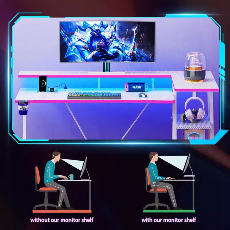 Bureau d'angle en L de 140 cm, blanc, pour gamer, avec support de moniteur, 3 étagères de rangement, bureau de gamer moderne pour chambres à coucher, installation de salle d'étude PC
