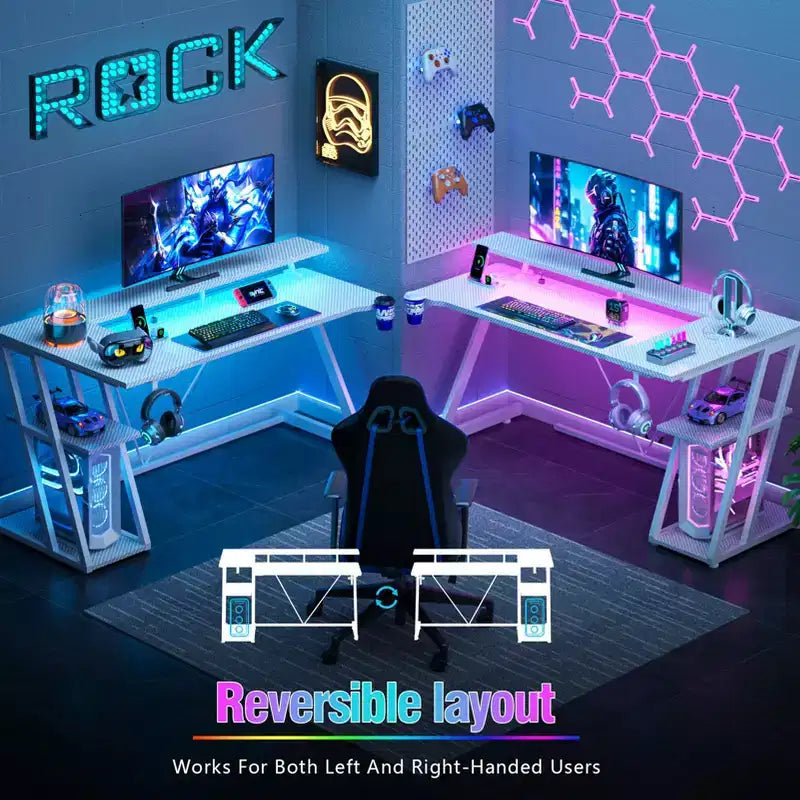 Bureau d'angle en L de 140 cm, blanc, pour gamer, avec support de moniteur, 3 étagères de rangement, bureau de gamer moderne pour chambres à coucher, installation de salle d'étude PC