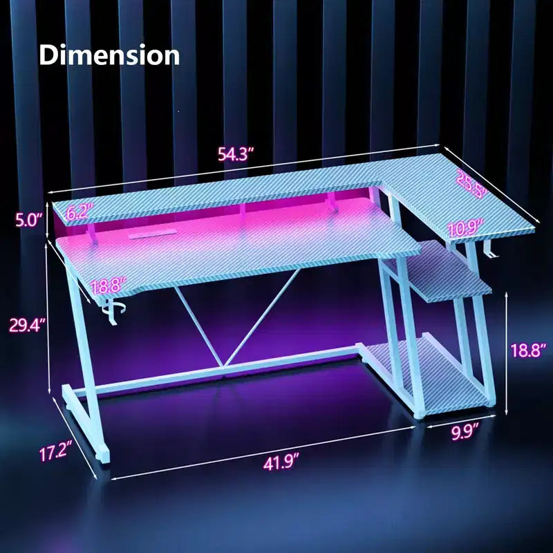 Bureau d'angle en L de 140 cm, blanc, pour gamer, avec support de moniteur, 3 étagères de rangement, bureau de gamer moderne pour chambres à coucher, installation de salle d'étude PC