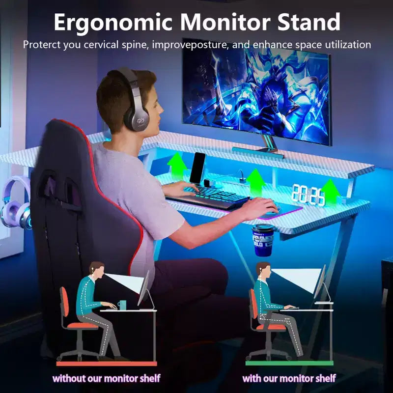 Bureau d'angle en L de 140 cm, blanc, pour gamer, avec support de moniteur, 3 étagères de rangement, bureau de gamer moderne pour chambres à coucher, installation de salle d'étude PC