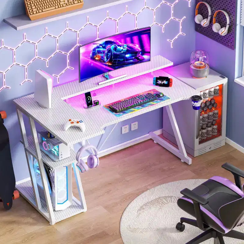 Bureau d'angle en L de 140 cm, blanc, pour gamer, avec support de moniteur, 3 étagères de rangement, bureau de gamer moderne pour chambres à coucher, installation de salle d'étude PC
