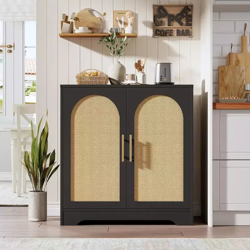 Buffet de rangement 30" avec 2 portes en rotin, grande console de rangement, meuble de bar à café moderne pour salon, salle à manger, couloir, entrée