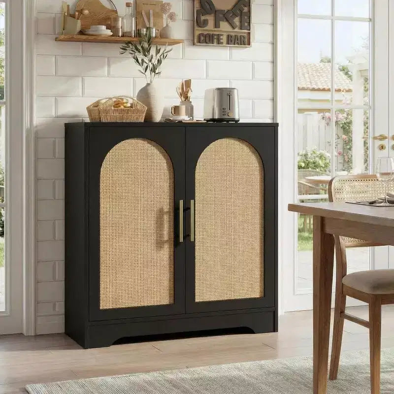 Buffet de rangement 30" avec 2 portes en rotin, grande console de rangement, meuble de bar à café moderne pour salon, salle à manger, couloir, entrée