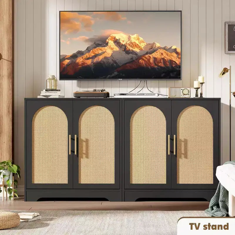 Buffet de rangement 30" avec 2 portes en rotin, grande console de rangement, meuble de bar à café moderne pour salon, salle à manger, couloir, entrée