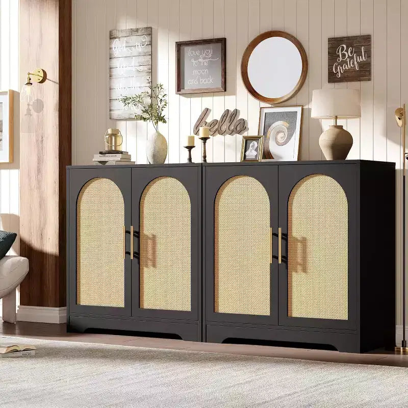 Buffet de rangement 30" avec 2 portes en rotin, grande console de rangement, meuble de bar à café moderne pour salon, salle à manger, couloir, entrée